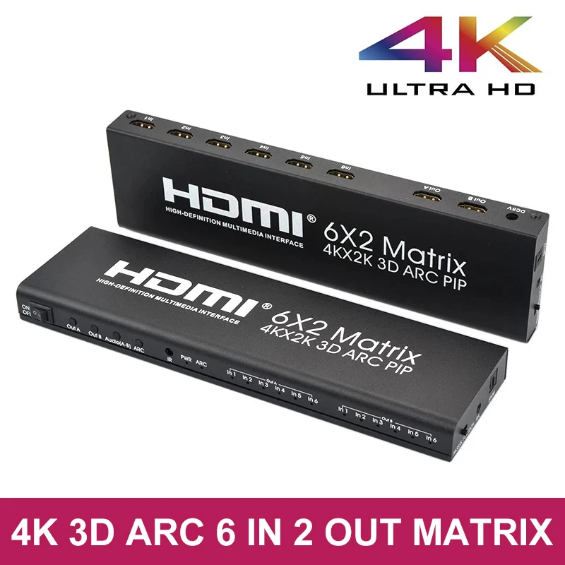 

Матрица HDMI 6X2, 4K @ 30 Гц, 1080p @ 60 Гц, разветвитель с переключателем True Martrix HDMI, 6 в 2 выхода, 4K 3D ARC, аудио, видео преобразователь с двумя дисплеями