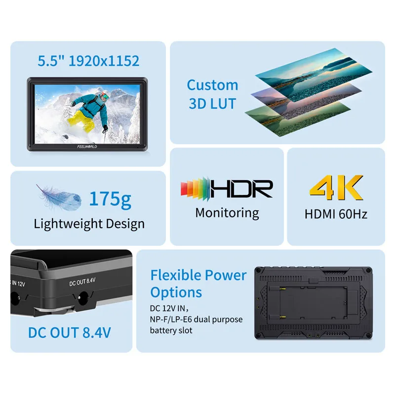 Фото FEELWORLD S55E 5,5-дюймовый монитор для DSLR-камер, FHD IPS, поддержка 4K, вход/выход HDMI, наклонный кронштейн, выход питания №2