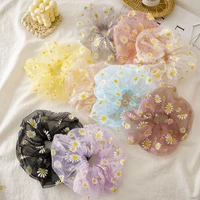 ins hot selling summer hand daisy gauze embroidered organza elastic hair scrunchies for sweet girls super fairy hair accessories