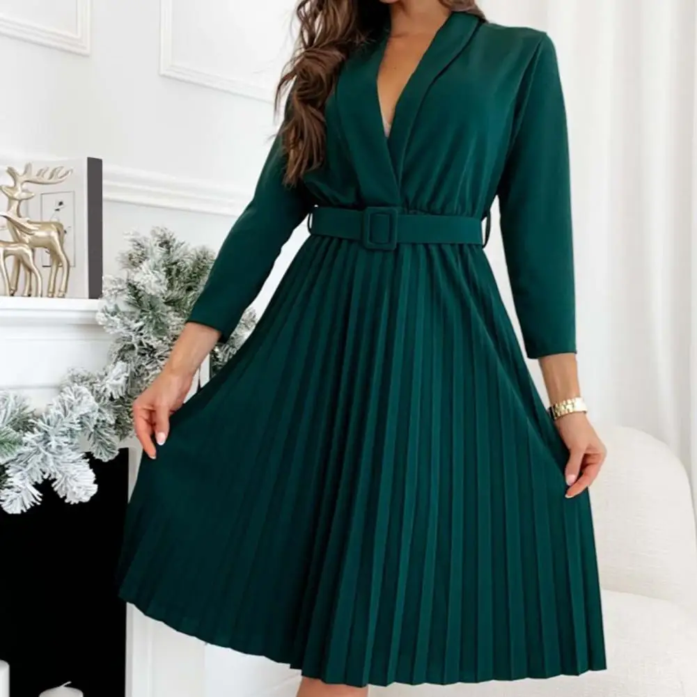 

Dress Long Sleeve Solid Color for Dating Women Party Dress Removable Waistband Ruffled Lapel Pleated for Dating