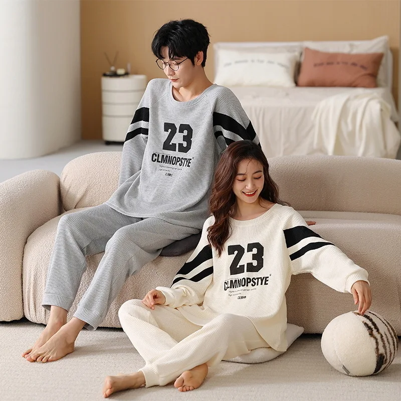 

Long For Lovers Sleeve Pajamas Men Letter Suit Pareja Round Neck Couple Autumn Pyjamas Set Nightwear Cotton Spring Wome Hombre