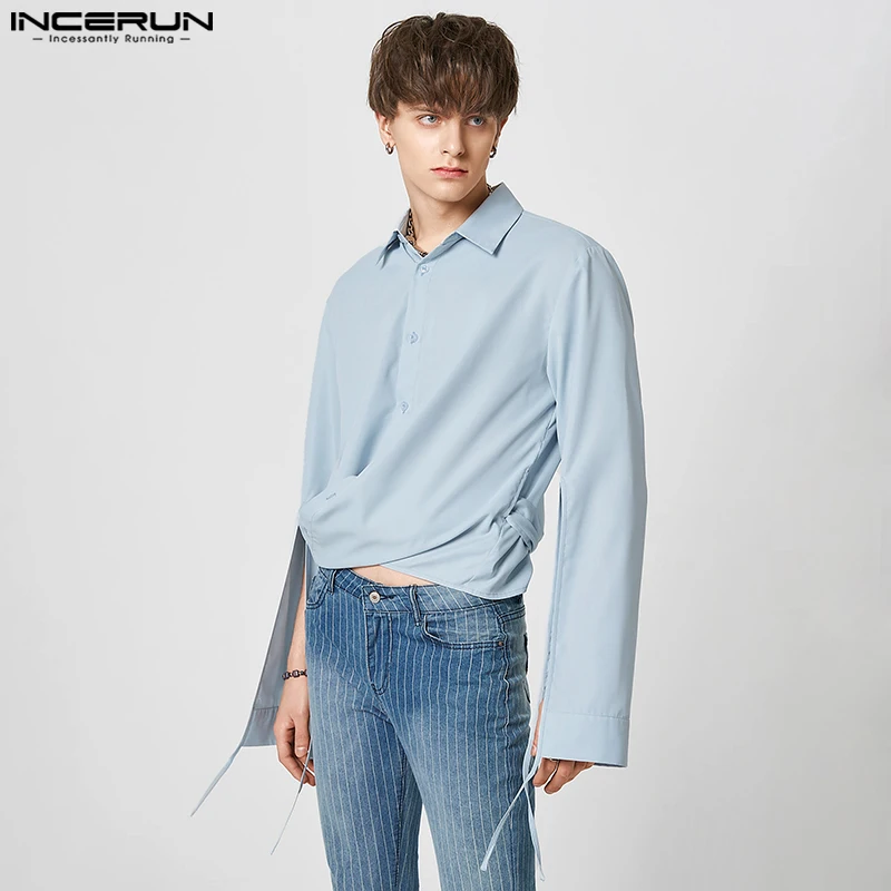 

INCERUN Tops 2023 American Style New Men's Split Design Short Shirts Casual Male Solid All-match Fashion Streetwear Blouse S-5XL