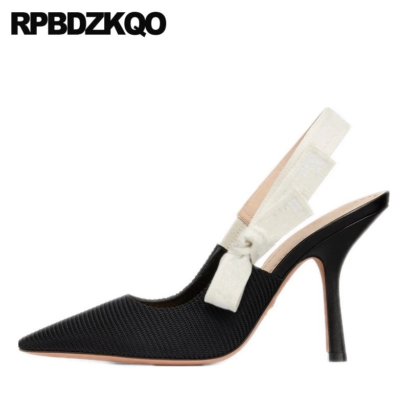 

Designer Heels Women Luxury 2022 Bow Polka Dot Mesh Shoes Brand Pointed Toe Celebrity Pumps Slingback High Embroidered Stiletto