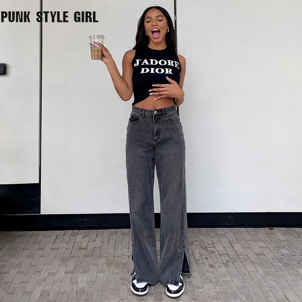 

Streetwear Wide Leg Jeans with Split Side New Fashion Women High Waist Denim Pants Korean Baggy Jogger 90s Cyber Y2k Trousers