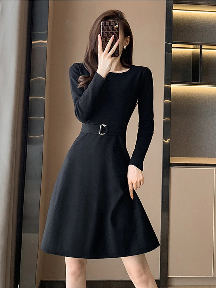 

Autumn sweater dress women female a-line solid black knitted thicken long sleeve dresses for women sash vestido office ladies