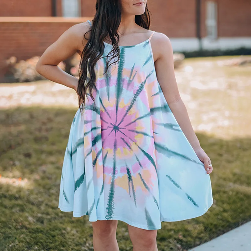

Tie-dye Print Women's Dress Crisscross Back Straps Sexy Open Back Skirt Summer Dresses Woman 2022 For Everyday Leisure