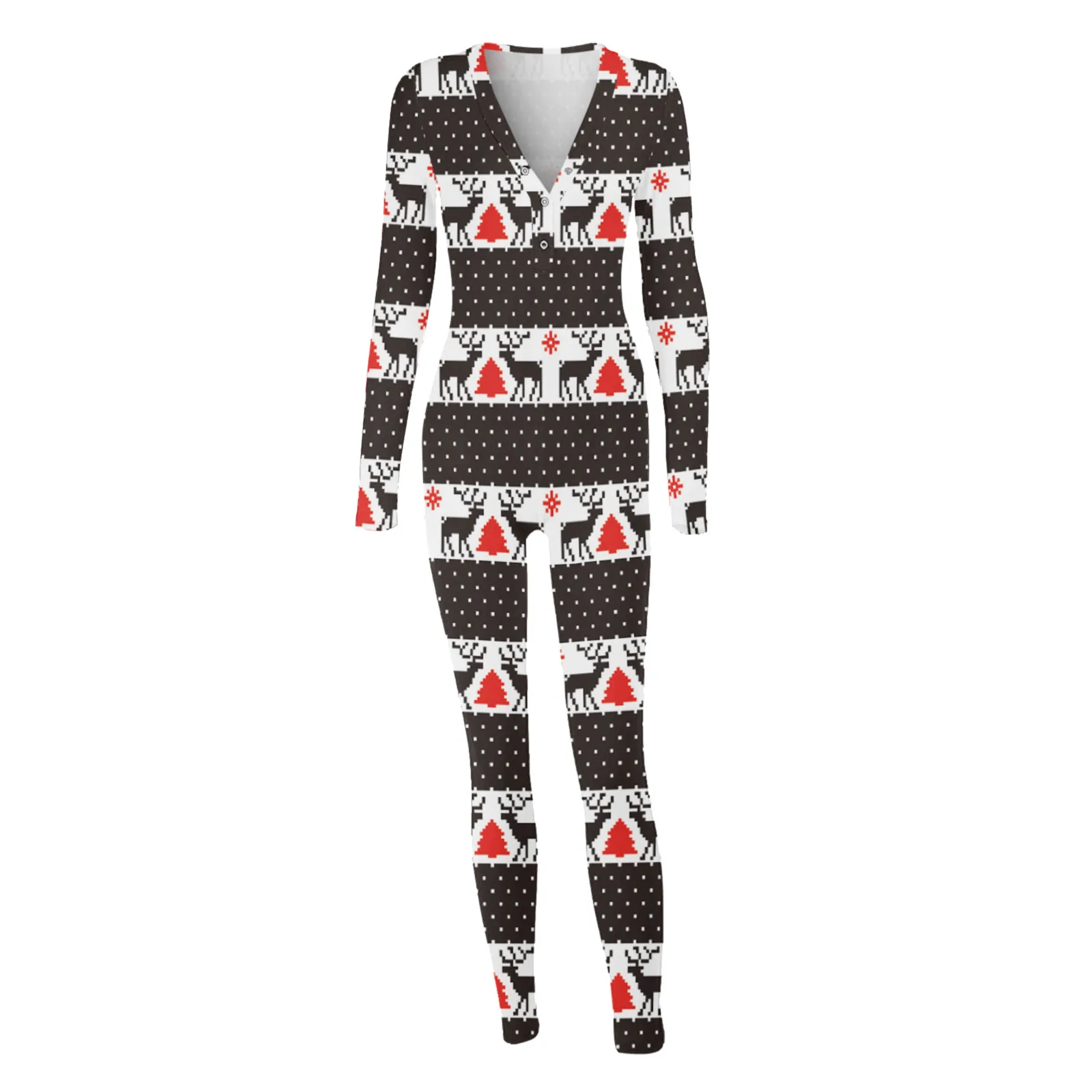 Jumpsuits For Women 2022 Christmas Onesies Sexy Butt Button Back Flap Jumpsuit V Neck Long Sleeve Romper Santa Pajamas Female