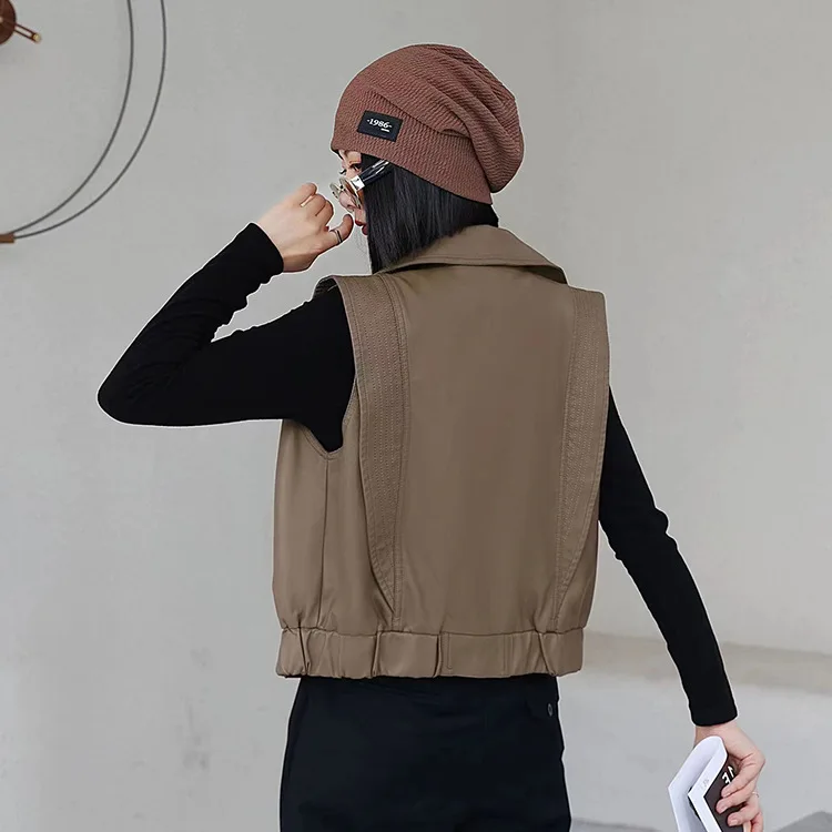 KoHuiJoo Korean Short Leather Coat Women Sleeveless Waistcoat Top 2022 Autumn Turndown Collar PU Leather Casual  Zippers Jacket