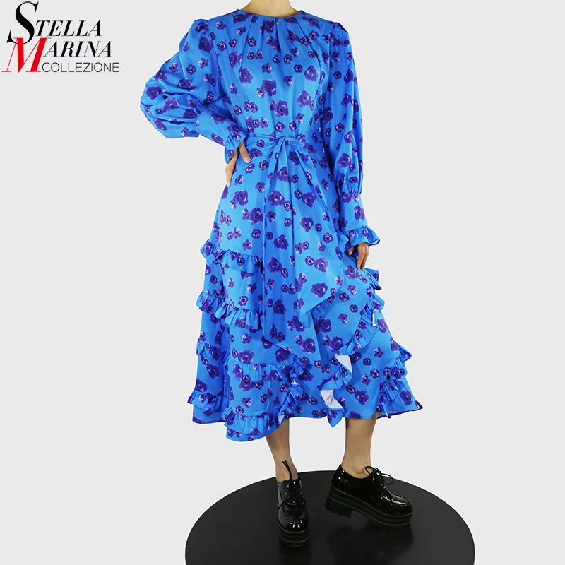 Новое модное женское синее платье с длинными рукавами и принтом большие размеры