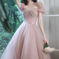pink evening dresses slim a line square collar puffy sleeve elegant tulle bandage floor length beading pleat banquet party gown