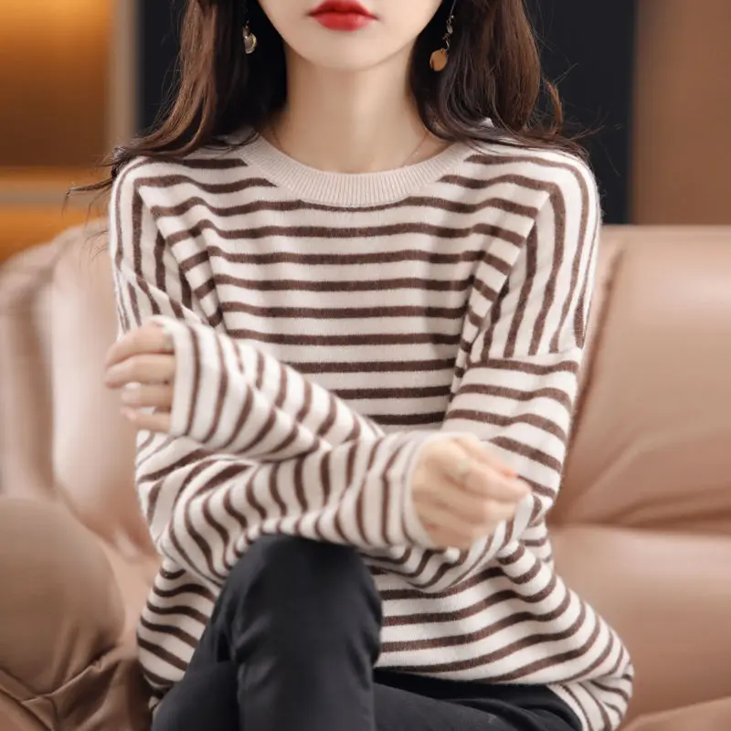 

2023 News Women Striped Casual Loose Knitting Sweater Female Long Sleeve Chic O-neck Pullover Tops Warm Jumper Ladies V74