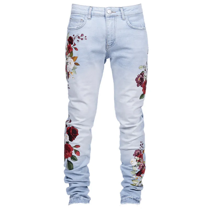 Mens Jeans Spring Summer New Fashion Streetwear Men's Rose Jeans Pencil Pants Full Length Denim Trousers