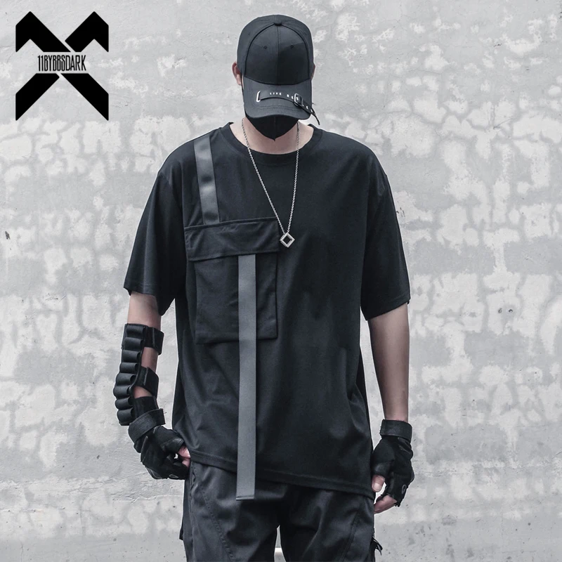 

Футболка Techwear мужская с лентами и карманами, дизайнерская тенниска из хлопка в стиле хип-хоп, уличная одежда, черный цвет, лето 2023