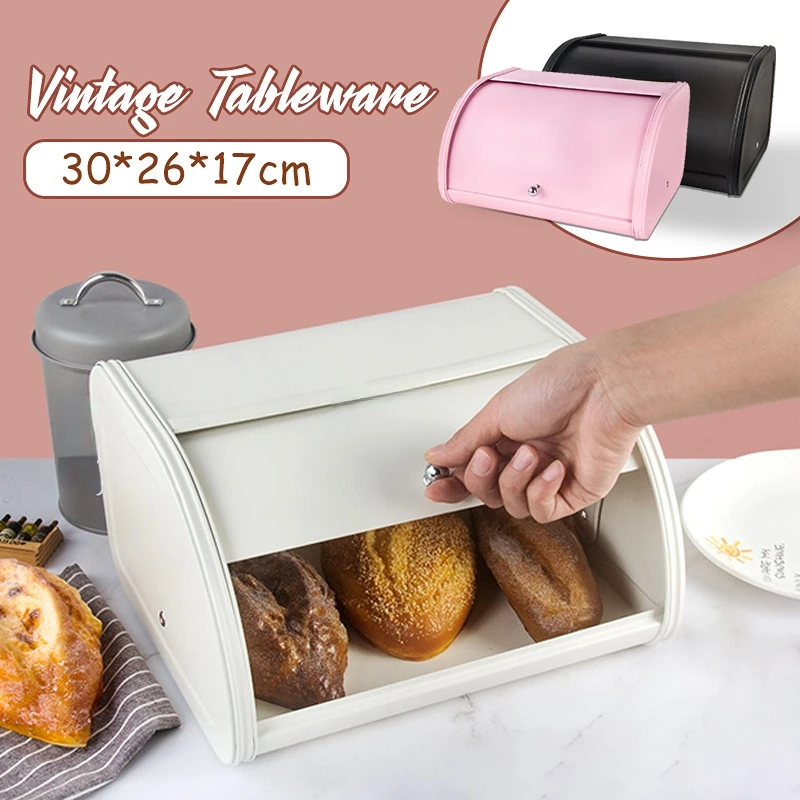 

Creative Vintage Tableware Metal Bread Box Kitchen Storage Containers with Roll Top Lid Kitchen Baking Supplies Storage Basket