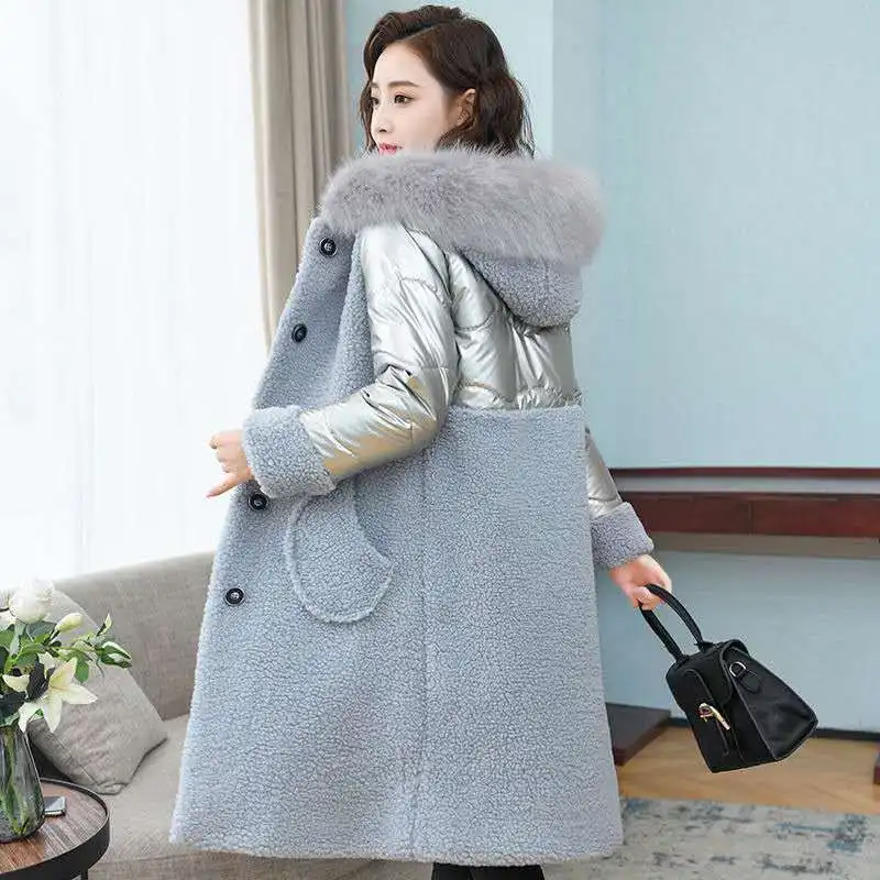 Faux Lamb Fur Coat Long Loose Thick Warm Winter Jacket Women 2023 Granule Sheep Cut Velvet Ladies Parkas Hooded Female Clothing