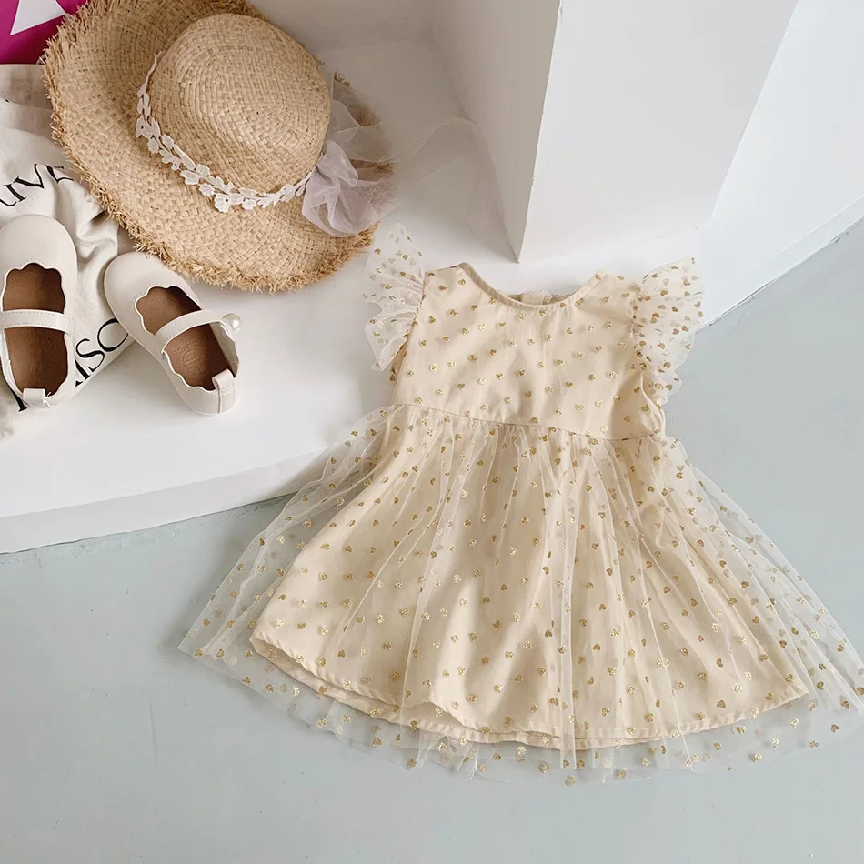 

Children's Gauze Dress 2022 Summer Girl Mesh Dress Baby Girl Bronzing Love Heart Princess Casual Dresses Kids Clothes Vestidos