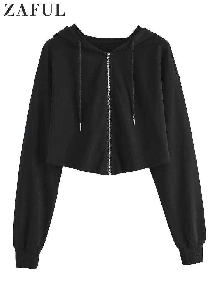 

ZAFUL Women's Cropped Zip Up Hoodie Solid Drawstring Long Sleeve Drop Shoulder Sweatshirt Casual Hooded Jacket