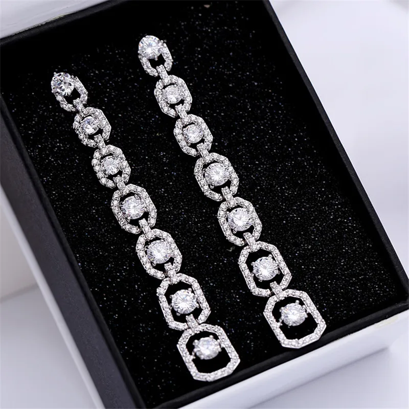 

UMQ Long Hanging Cubic Zirconia Wedding Stud Earrings for Brides Luxury 14k Gold Plated 925 Silver Post Women Jewelry Gift Box