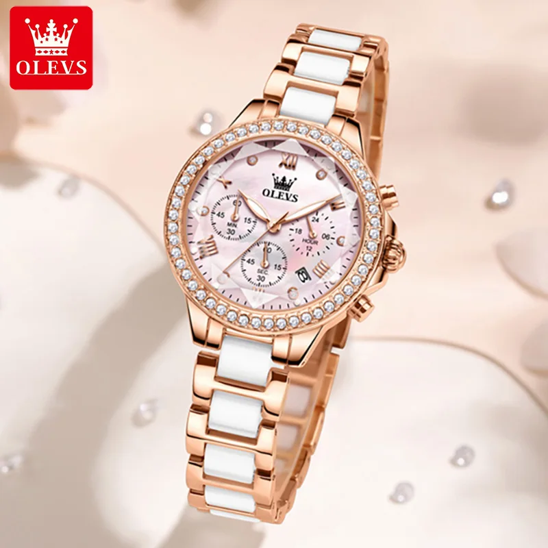 OLEVS Роскошные кварцевые часы с бриллиантами для женщин зеркальный хронограф