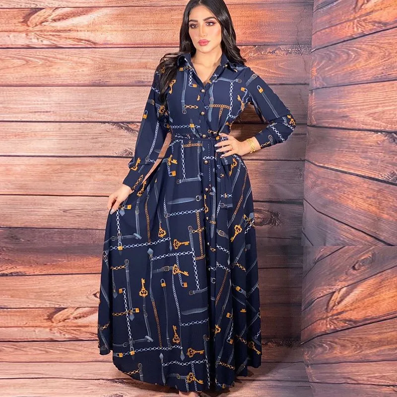 Chain Ethnic Print Long Shirt Dress for Women 2022 New Muslim Dubai Turkey Arabic Oman African Clothing Lapel Single-breasted