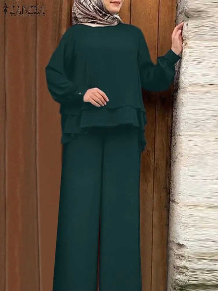 

2PCS Urban Tracksuit Loose Trousers Suits Outifits 2023 ZANZEA Women Eid Mubarek Ramadan Turkey Matching Sets Solid Muslim Sets