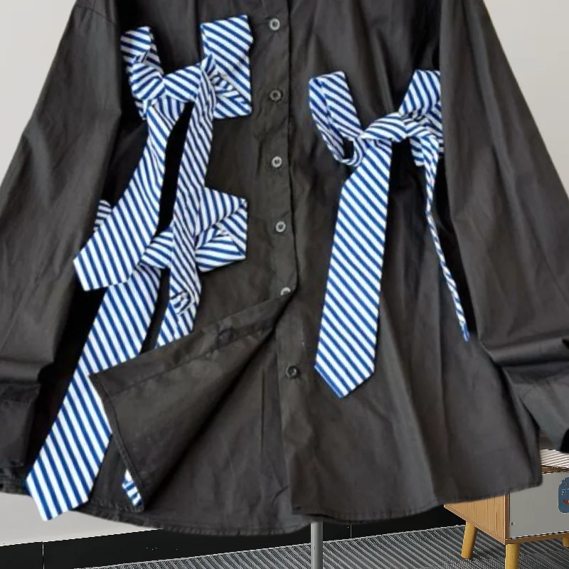 Женская черная свободная полосатая блузка из полиэстера