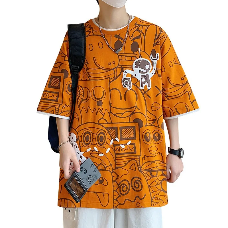 

Футболка мужская с коротким рукавом, свободная рубашка в стиле граффити, модная уличная одежда в Корейском стиле, в стиле хип-хоп, лето 2022