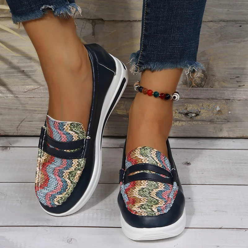 

New Summer 2022 Color Matching Casual Single Shoes Women's Round Head Low Top Slope Heel Fashion Doudou Shoes Vulcanized Shoes