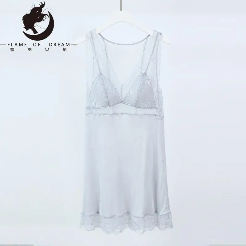 Spring summer New Silk Acetate Sleeping dress Lace Sexy One-piece Silk Sling Bottom nightwear
