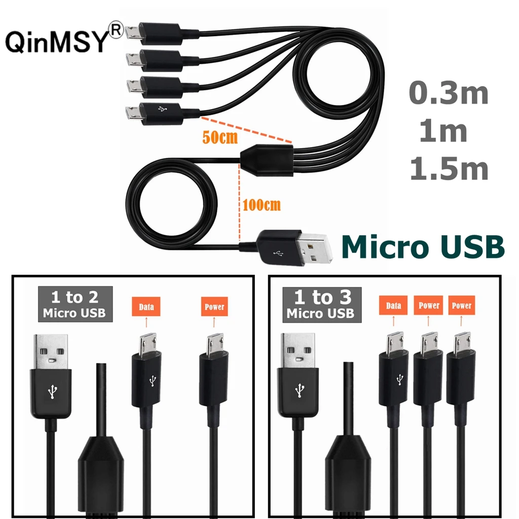 

0.3m 1m 1.5m 4 Port Micro USB to USB 3Port Y Splitter Fast Charging Date Cable Cord For Smartphone Mobile tablet