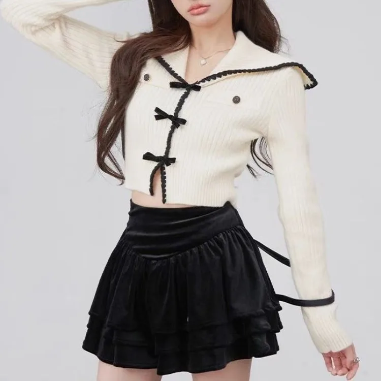 

Elegant Chic V-neck Bottoming Knitted Cardigan 2023 Autumn New Bow Cardigans Women Y2k Grunge Long Sleeve Sweaters Tops