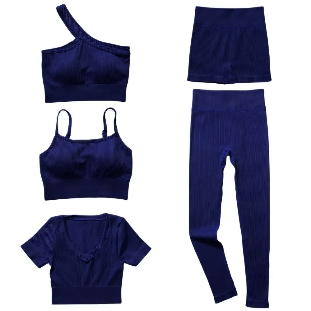 1 Piece Yoga Set Women's Gym Seamless Sport Clothing One Shoulder Sling Bra Shorts Short Sleeve Skinny Pants Set Sportswear Suit