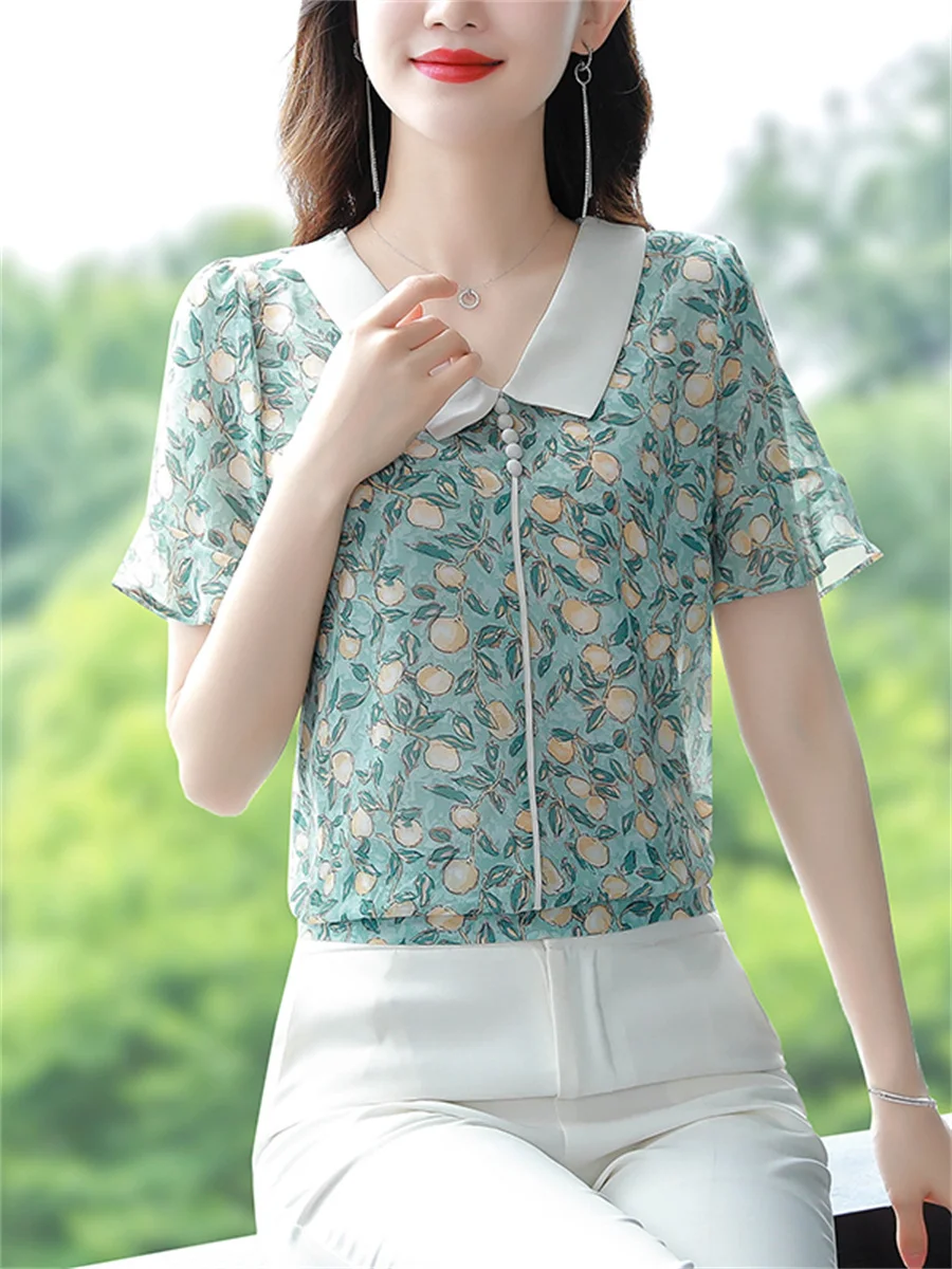

Woman Summer Style Chiffon Blouses Tops Lady Casual Short Flare Sleeve Peter Pan Collar Flower printed Blusas Tops DF4302