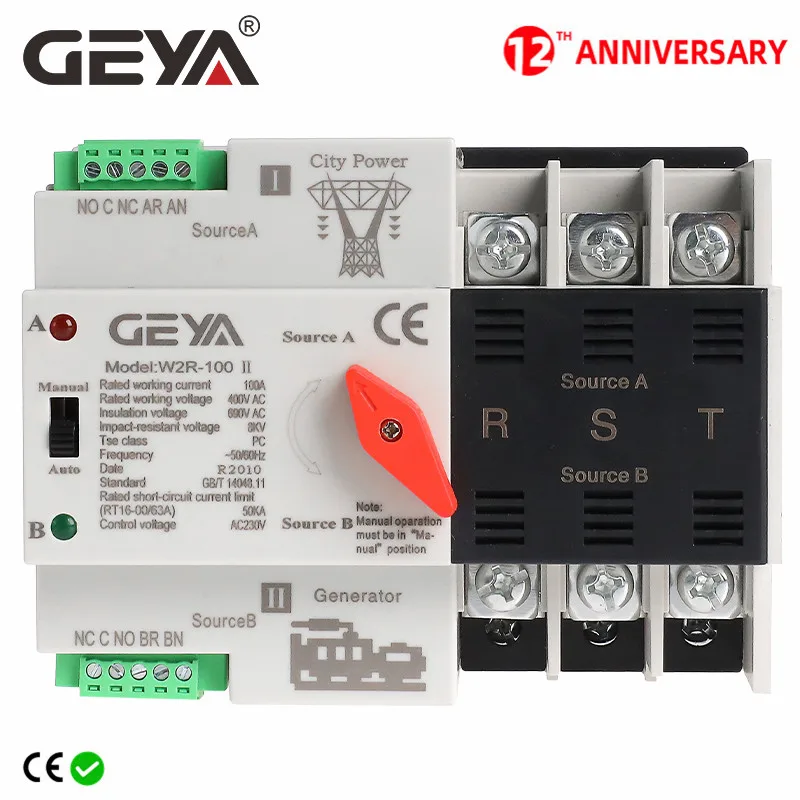 

Free Shipping GEYA W2R-3P Din Rail Mounted Automatic Transfer Switch Three Phase ATS 63A 100A Power Transfer Switch