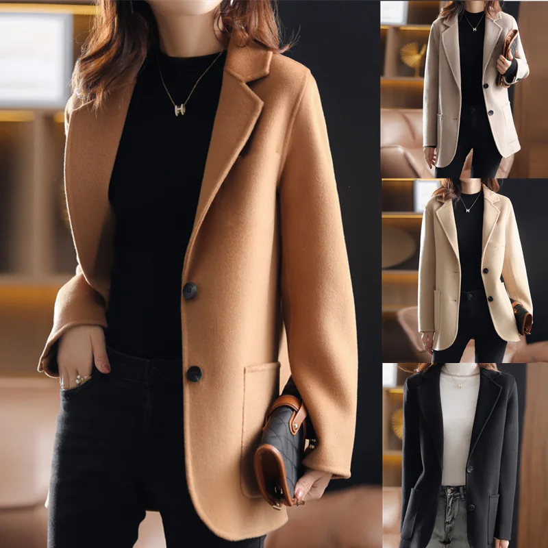 2023 Fashion Slim Thick Tweed Coats and Jackets Women Solid Color Long Sleeve Tweed Coat for Women