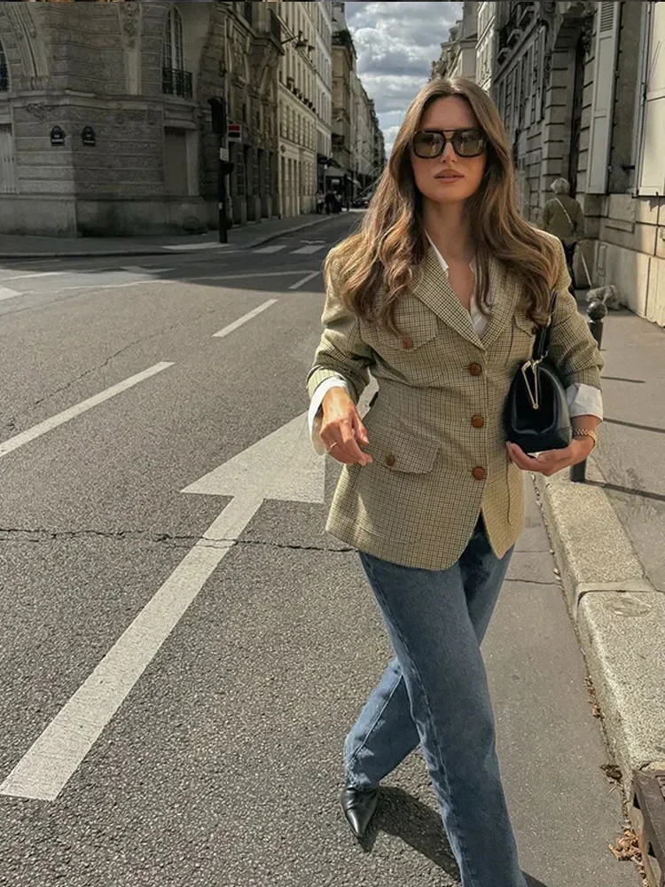 Повседневный женский тонкий клетчатый пиджак шикарный однобортный с отложным