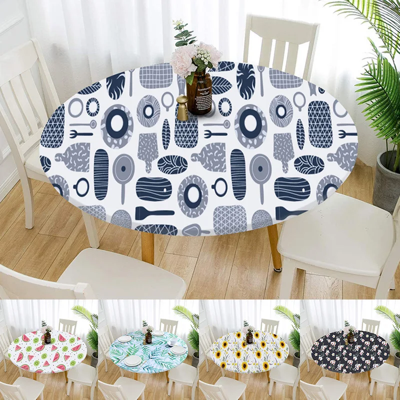 

Round Waterproof Non-slip Elastic Tablecloth Classic Pattern Table Cloth Cover Home Kitchen Dining Room