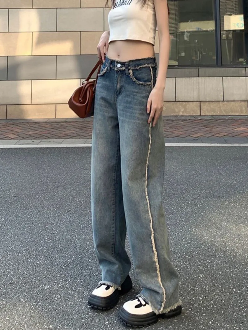 Ins High Waist Straight Slim Fit Jeans Y2k Casual Loose Mopping Denim Trousers Woman Vintage Frayed Wide Leg  Blue Jean Pants
