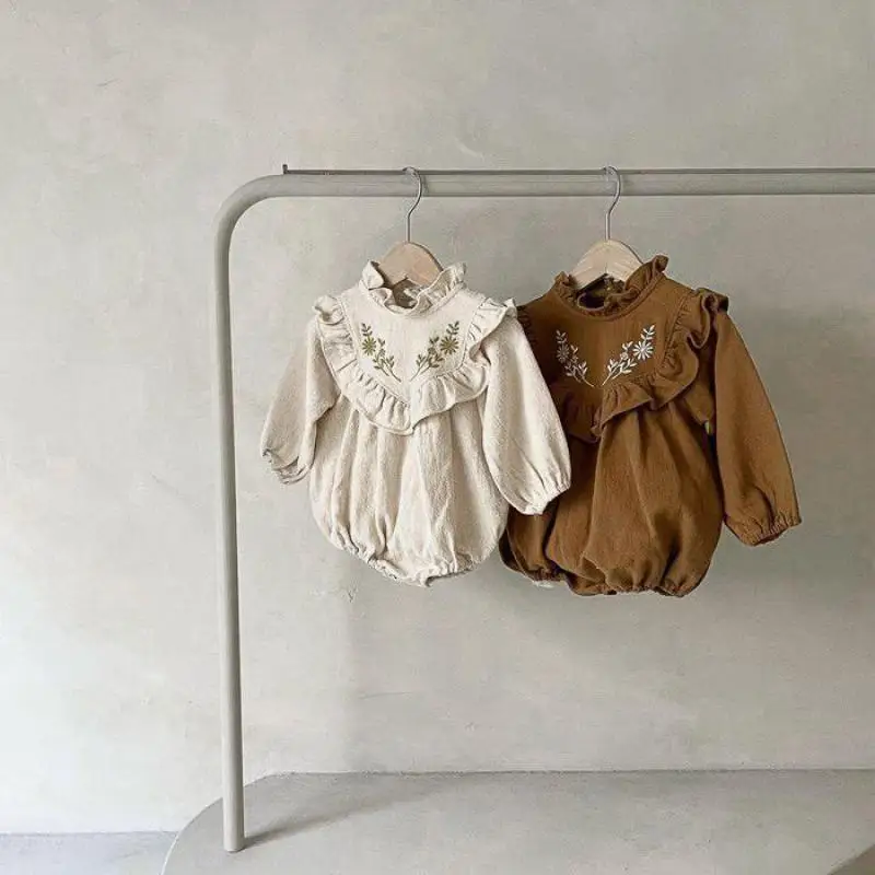 

Autumn Outfits Girl Baby Embriodery Flower Ruffle Collar Long Sleeves Bodysuit Newborn Infant Cotton Flounce Loose Casual Onesie