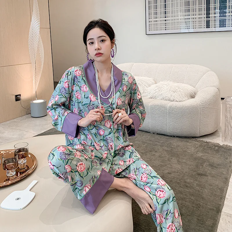 Thin Satin Pajamas Female New Home Clothes Cardigan Suit Loungewear Women Pyjamas Women Sexy Sleepwear