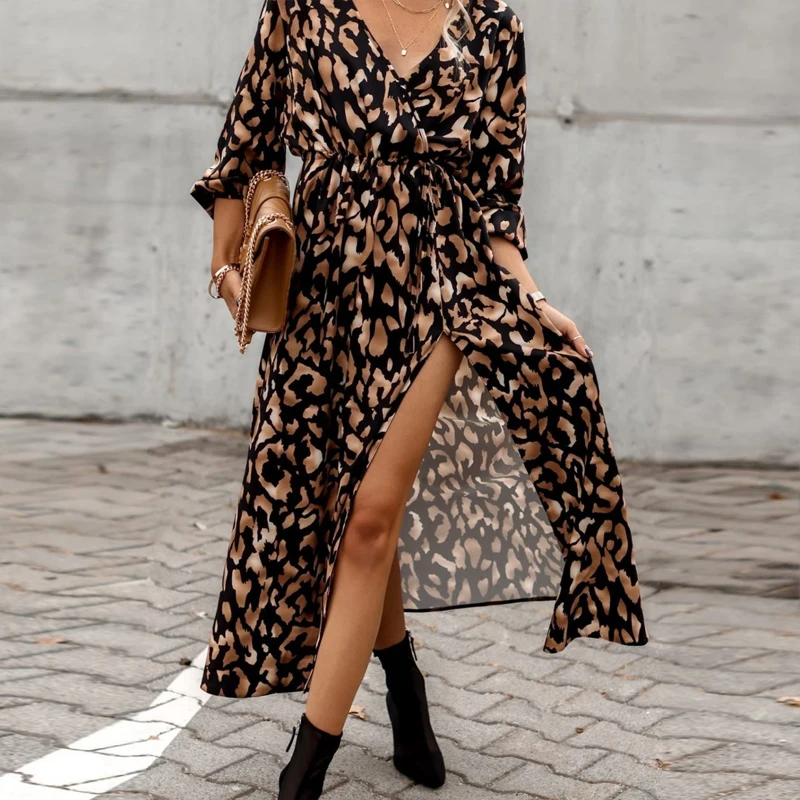 

Женское длинное платье с V-образным вырезом и длинным рукавом