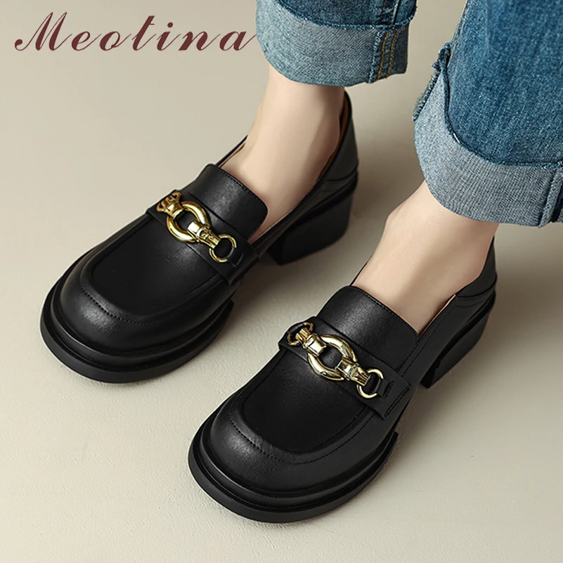 

Лоферы Meotina женские из натуральной кожи, туфли на плоской подошве с круглым носком, с металлическим украшением, коричневые, черные, осень-весна
