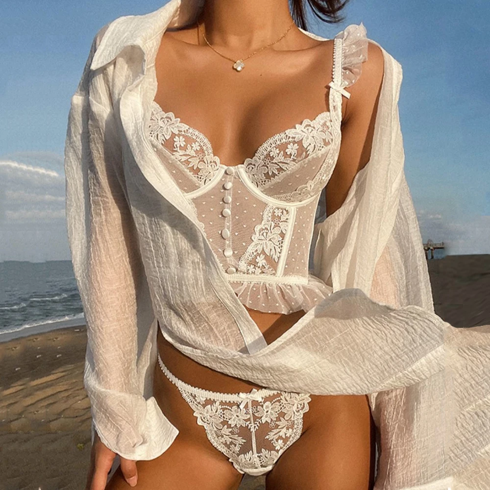 

French Embroidery Bra Set Sexy Lingerie Women's Underwear Transparent Lace Brassiere Panty Sets Wedding White Thin Underwear