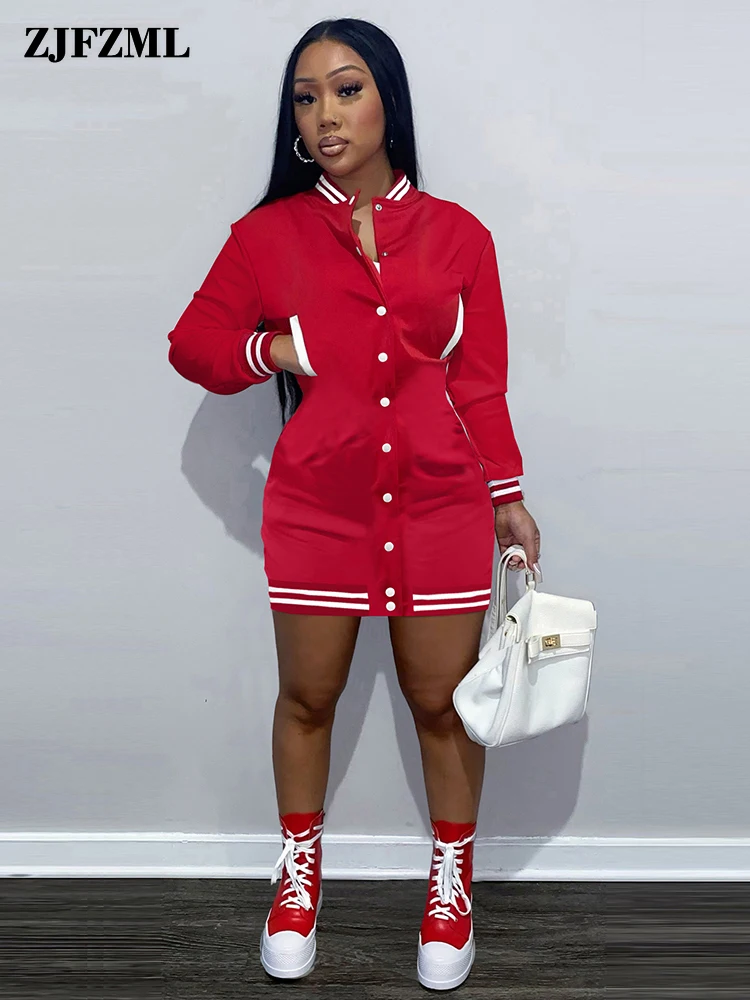 

Active Striped Spliced Women Hoodie Dresses College Style Varsity Baseball Bodycon Dress Early Autumn Single Breasted Robe Femme
