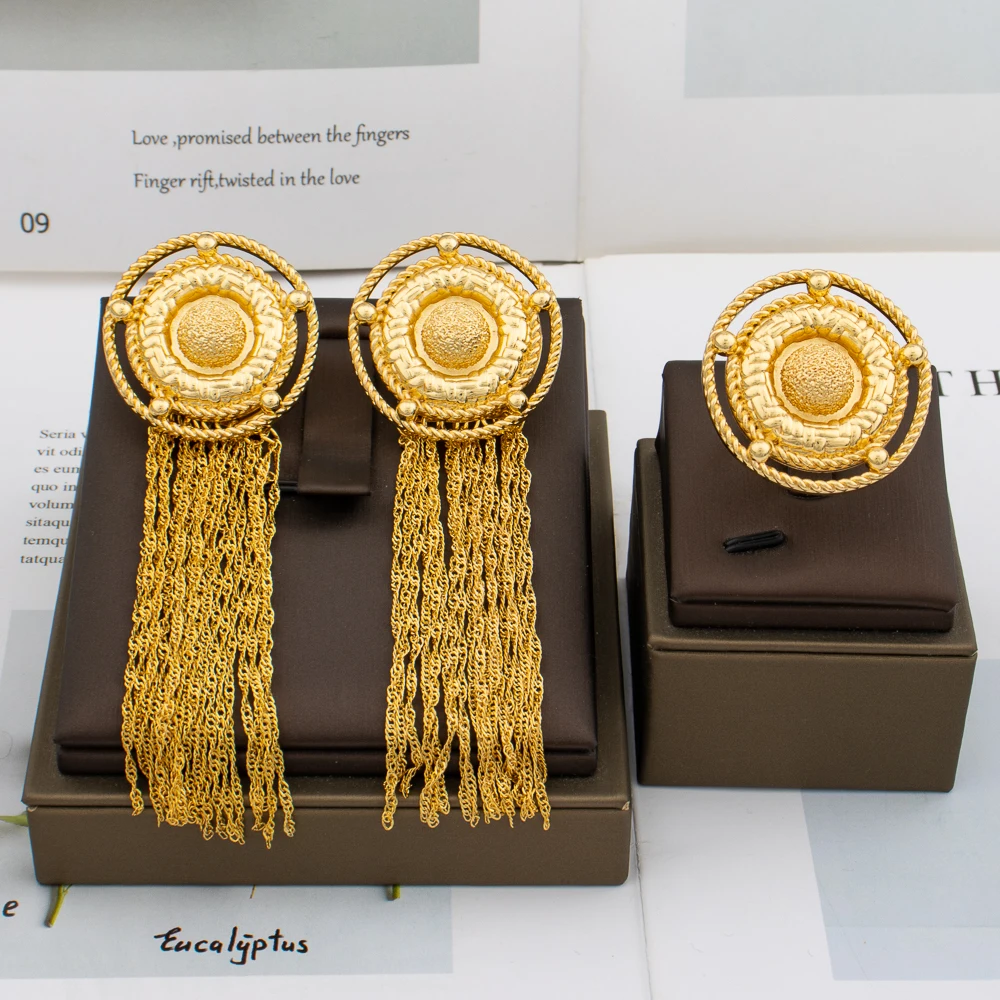 

New Design Gold Color Tassels Earrings Ring Arab Ethiopian Women Girls Big Hoop Earrings French Wedding Jewelry Birthday Gifts