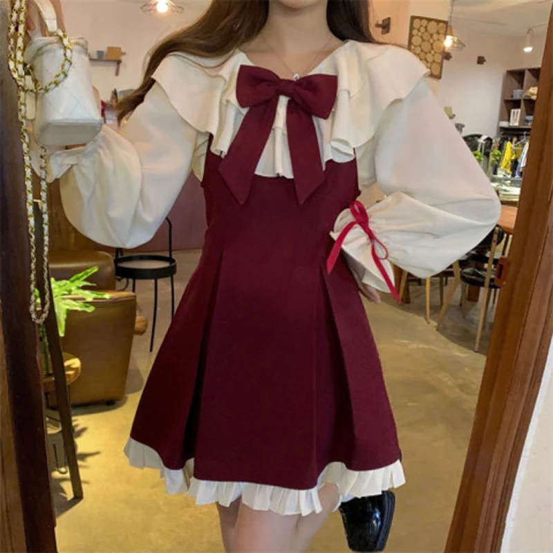 

Women Kawaii Ruffles Red Slip Dress Bow Long Sleeve Sweet Cute Dress Suit Korean Fashion Preppy Style Pleated Skirt 2023