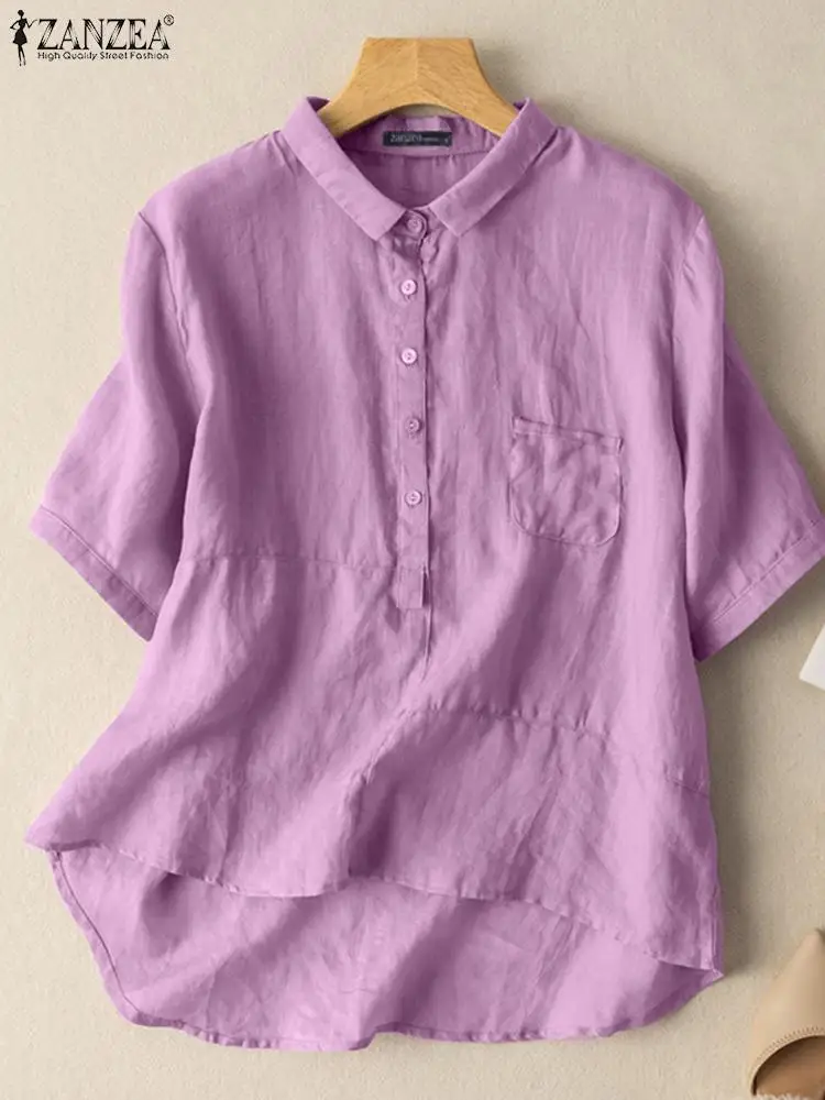 

Женские однотонные хлопковые топы ZANZEA, офисные женские блузы с коротким рукавом, повседневная винтажная свободная летняя блузка с отложным...