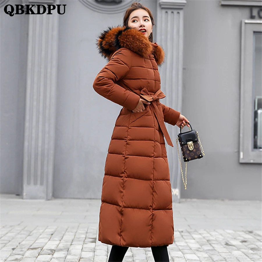 

Hooded Cotton Padded Fur Collar Belted Long Coat Women Winter Thick Overcoat Warm Sobretudo Slim Windbreaker Basic Solid Outwear