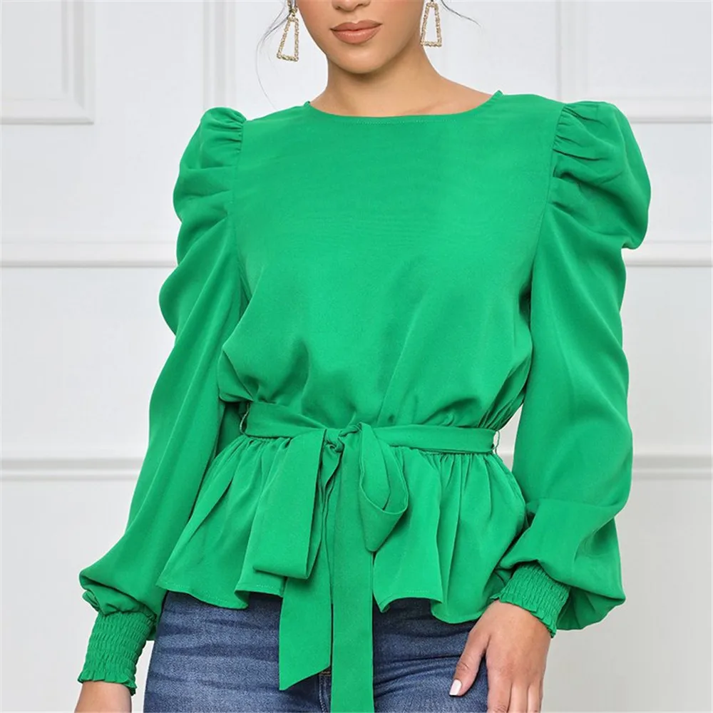 

Women's Blouse Bubble Sleeve Long-sleeved Chiffon Shirt With Belt Solid Color Waist Top Autumn Spring New Fashion Casual Tops