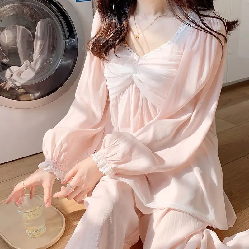 1 White gauze lovely ladies pajamas autumn new bow cotton long sleeve leisurewear suit in the spring and autumn